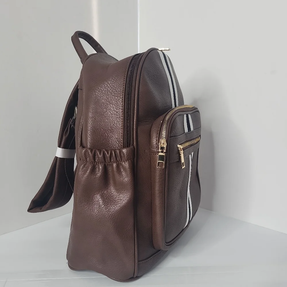 Men's Brown Leather Striped Fashion Unisex Backpack